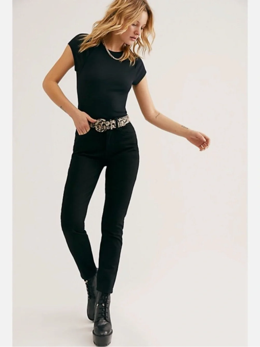Free People Boyish Billy Jeans La Strada 24 Rigid High Rise Skinny Black NEW